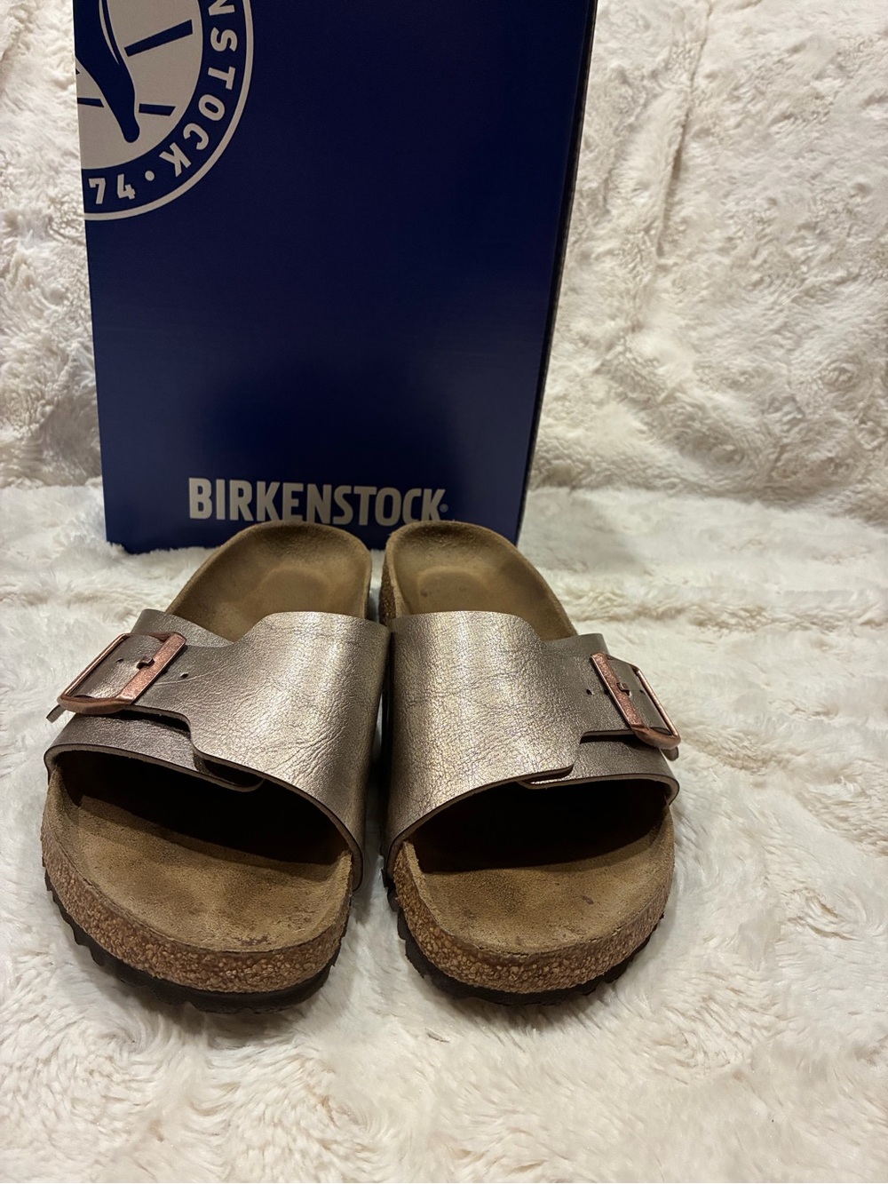 Birkenstock Catalina Metallic Taupe Single-Strap Slide Sandals with Rose Buckle